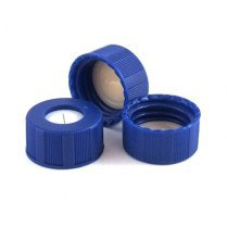 9mm PFAS Safe Guard PP Short Thread Cap ND9, blue, with hole; Silicone white/Polypropylene transparent, SLIT, for PFAS analysis, 100 pcs