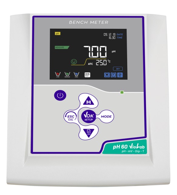 pH 60 VioLab without pH electrode. Cable S7/BNC, temp.probe NT55, SW Data-Link, pH buffer and electrode holder.