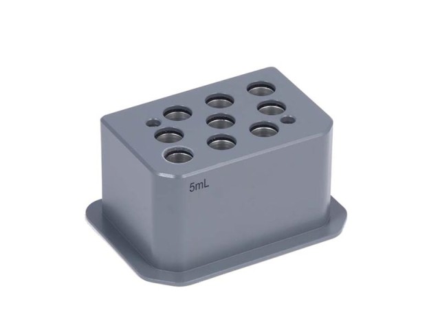 Blok pro 9 zkumavek Eppendorf 5 ml, 102 × 145 × 71 mm, průměr otvoru 16,8 mm, hloubka 49 mm