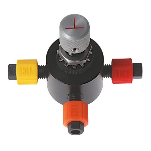 Valve, 3-port, manual, T-flow, complete, 200psi, .06'' bore, 1/4-2