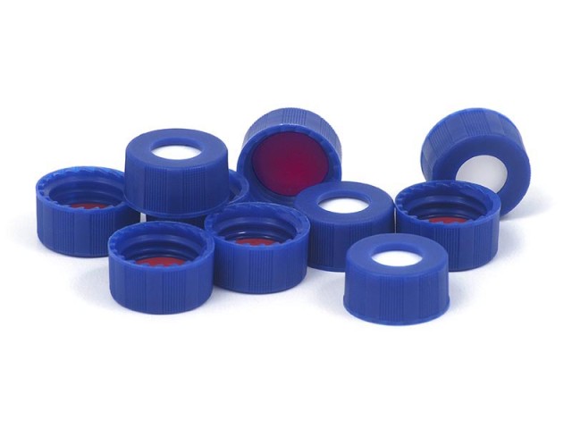 Víčka 9mm, modrá, šroubovací, plastová, modrý PTFE/bílý silikon pre-slit septum, 100ks
